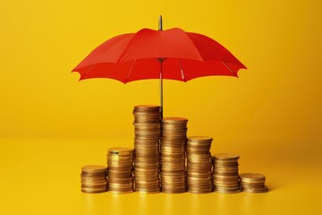 Umbrella covering stack of coins on yellow background, money and investment protection concept, Generative AI
