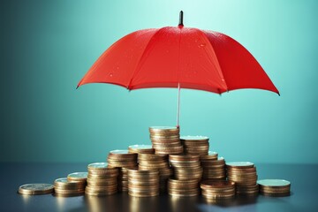 Red umbrella covering stack of coins on blue background, money and investment protection concept, Generative AI