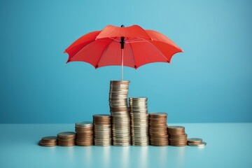 Red umbrella covering stack of coins on blue background, money and investment protection concept, Generative AI