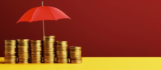 Umbrella covering stack of coins on red background with copy space, money and investment protection concept, Generative AI