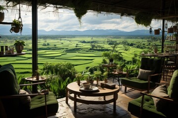 Fototapeta premium Coffee shop cafe in the middle of green rice fields in Vietnam