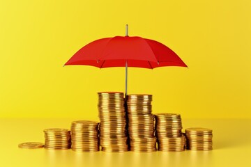 Umbrella covering stack of coins on yellow background, money and investment protection concept, Generative AI