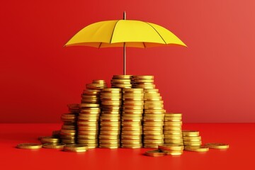 Umbrella covering stack of coins on red background, money and investment protection concept, Generative AI
