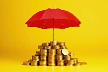 Umbrella covering stack of coins on yellow background, money and investment protection concept, Generative AI