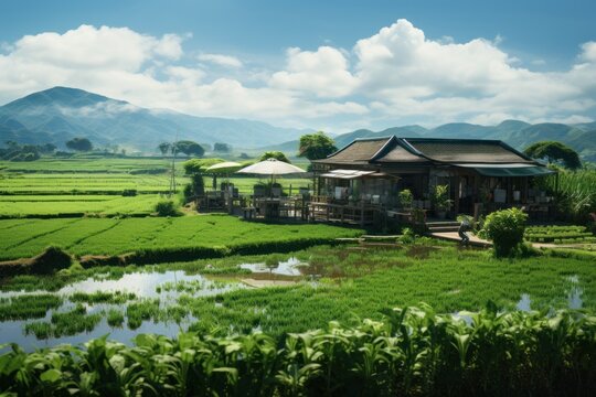 Coffee shop cafe in the middle of green rice fields in Vietnam