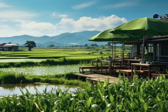 Coffee shop cafe in the middle of green rice fields in Vietnam