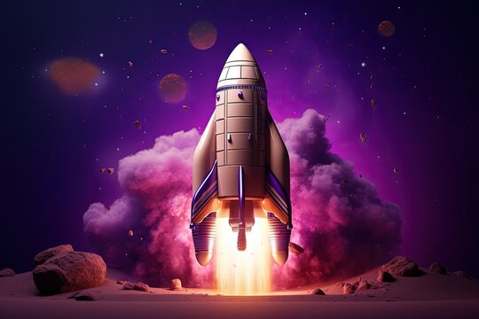 Purple rocket  taking off in purple scenery, Generative AI