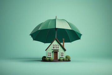 House with umbrella on green background, home insurance concept, Generative AI