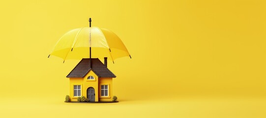House covered by umbrella on yellow background with copy space, home insurance concept, Generative AI
 - obrazy, fototapety, plakaty