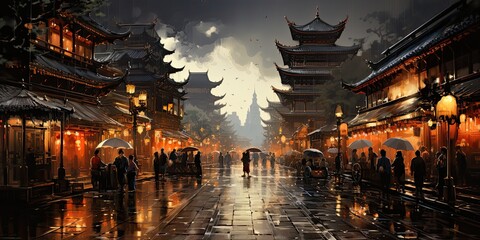 Naklejka premium ancient Chinese night market street, oil painting, generative AI