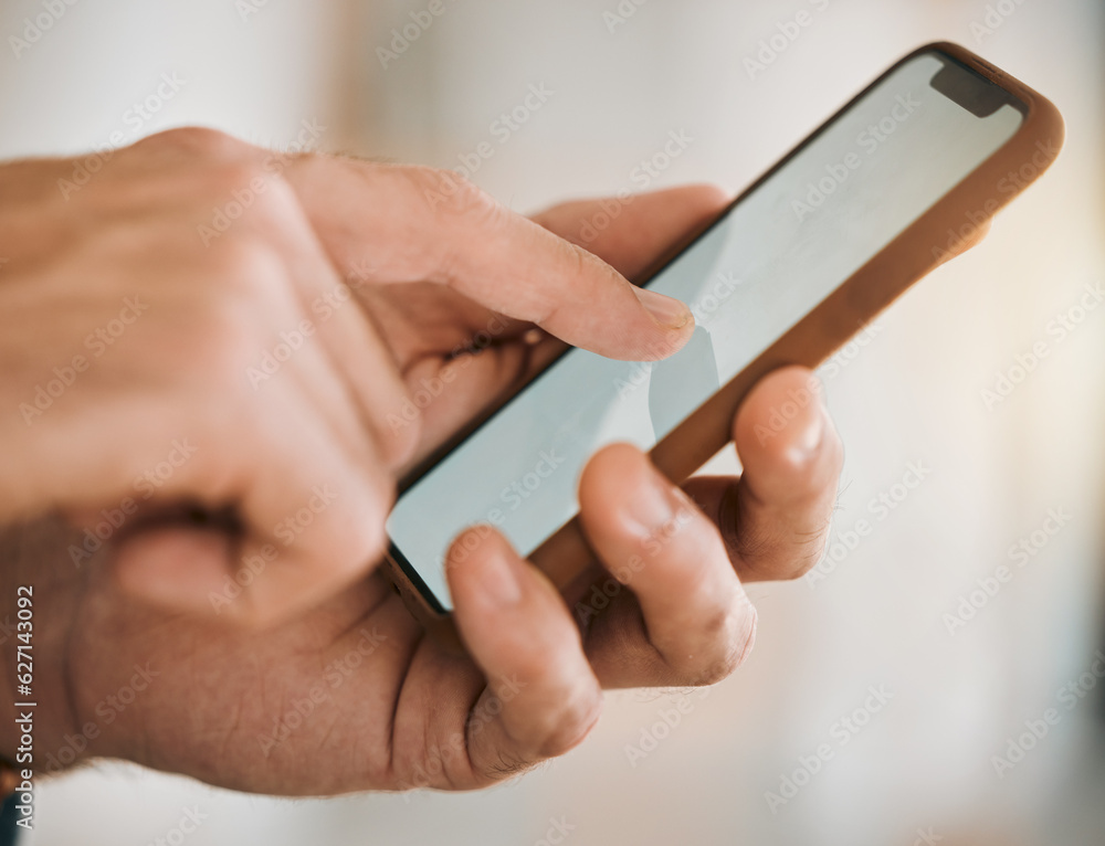 Aufkleber hands, phone screen and closeup to click for social media, typing and scroll. smartphone, technology