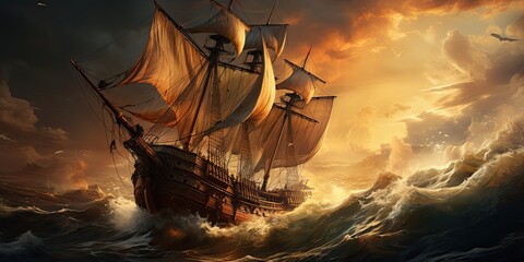 Obraz premium old ship struggle in sea storm, generative AI