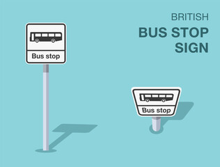 Isolated british bus stop sign. Front and top view. Flat vector illustration template.