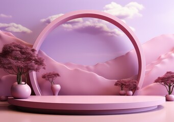 abstract background with pink podium and cloud minimal summer scene. scene for mockup product display. Beauty cosmetic product placement pedestal present. AI Generative.