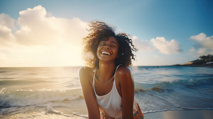 Fototapeta na wymiar Beautiful young woman laughing on the beach. Smiling happy girl enjoying a sunny day. Happiness, freedom, carefree concept. Generative AI.