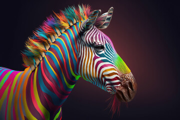 Abstract animal African Zebra portrait with multi colored colorful on skin body and hairs paint, Vibrant bright gradients tone, with Generative AI.