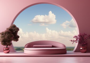 abstract background with pink podium and cloud minimal summer scene. scene for mockup product display. Beauty cosmetic product placement pedestal present. AI Generative.