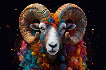 Abstract of Bighorn Ram or sheep portrait, Aries zodiac sign with multi colored colorful on skin body  and hairs paint, Vibrant bright gradients background, with Generative AI.