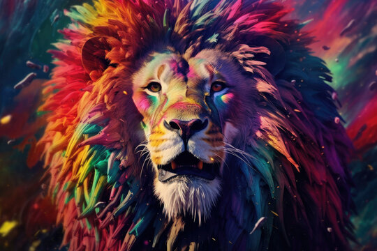 Abstract animal king of Lion portrait with multi colored colorful on skin body and hairs paint, Vibrant bright gradients background, with Generative AI.