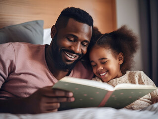 Close-up portrait of a black father reading a bedtime story book with his young daughter.  They are sitting up together in bed and smiling.  Image created with Generative AI technology.