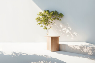 Minimalistic white room interior with tree. 3D Rendering