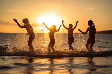 Fototapeta premium silhouette of several children playing together in the beach