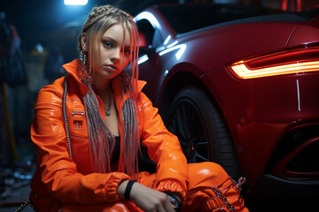 Sleek and Fearless: Young Woman with Sports Car - Generative AI