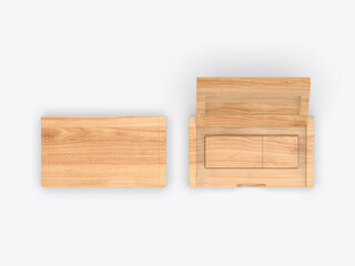 Blank wooden pen drive with wooden box packaging for promotional branding. 3d illustration.