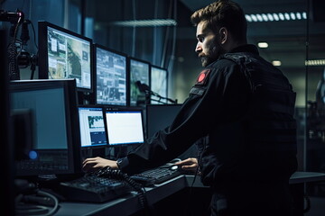 Male security guard using radio transmitter in surveillance room
