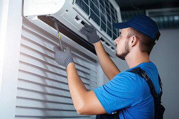Male technician cleaning air conditioner