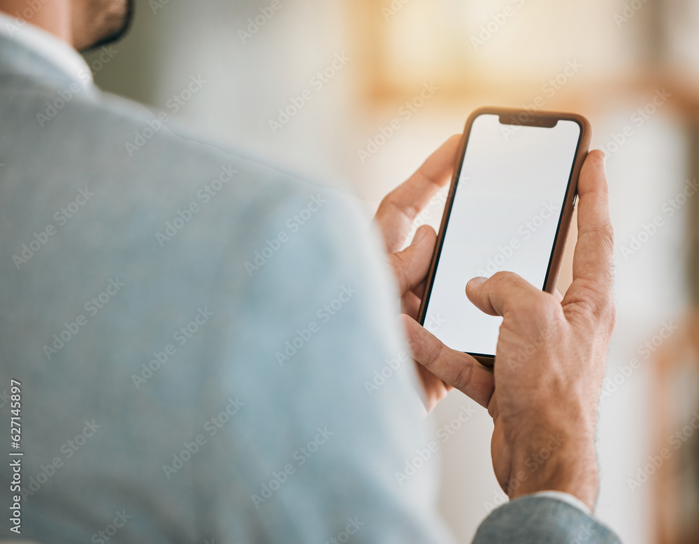 Aufkleber Closeup, mockup and man with a smartphone, business and typing with email, contact and social media. Screen, person and professional with a cellphone, mobile app and connection with network and hands