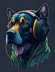 black cartoon dog vector design illustration using headphones, gradation of yellow, black background