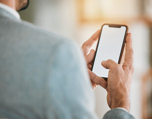 Closeup, mockup and man with a smartphone, business and typing with email, contact and social media. Screen, person and professional with a cellphone, mobile app and connection with network and hands
