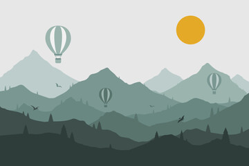 Wallpaper nursery with View of the sunrise over the mountains with hot air balloons and birds. Cute illustraition for kids room wall. © Rifatho