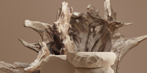 3d abstract background. 3d rustic old wood and stone display for perfume and cosmetic product background. 3d rendering illustration