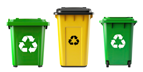 Green and yellow recycling bins isolated on transparent background