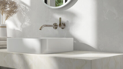 Cream marble vanity counter top, white modern rectangle ceramic washbasin, chrome faucet, flower...