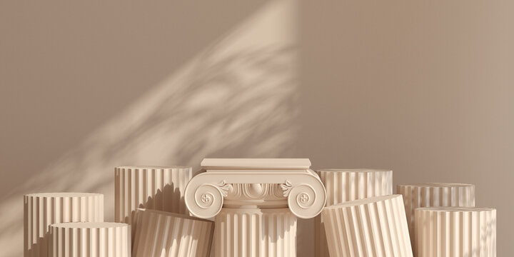 3d classic podium with light shadow brown background for cosmetic, perfume and product presentation. 3d rendering illustration.