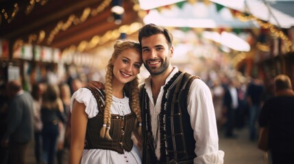 Obraz premium Man and woman wearing a traditional german costumes at the Oktoberfest with traditional, joyful smile, Bavarian festival in the blurred background.