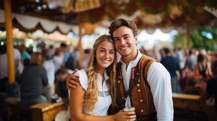 Man and woman wearing a traditional german costumes at the Oktoberfest with traditional, joyful smile, Bavarian festival in the blurred background. - obrazy, fototapety, plakaty