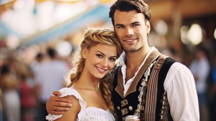 Man and woman wearing a traditional german costumes at the Oktoberfest with traditional, joyful smile, Bavarian festival in the blurred background.