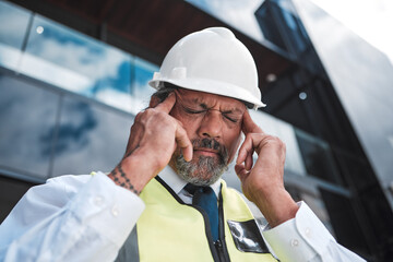 Headache problem, city architect and man depressed over development project, property mistake or...