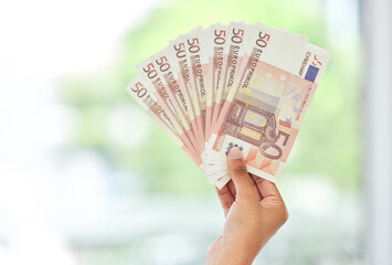 Cash in hand, euros and money fan with finance, reward and prize with giveaway bonus and financial...