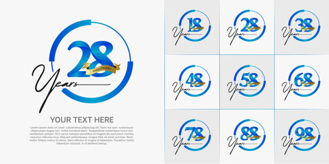 set of anniversary logo with blue number in circle and golden ribbon can be use for celebration