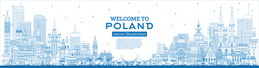 Outline Poland City Skyline with Blue Buildings. Vector Illustration. Concept with Modern Architecture. Poland Cityscape with Landmarks.