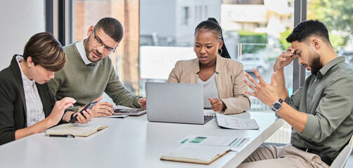 Laptop, planning or business people meeting for tax audit report or financial statement in company....