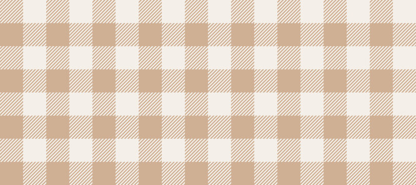 Gingham seamless pattern. Beige and white vichy background texture. Checkered tweed plaid repeating wallpaper. Natural nude fabric and textile swatch design. Vector 