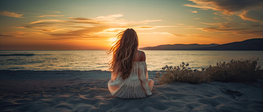 A lone woman enjoys a calm and relaxing ocean sunset on the beach. Great for a wanderlust summer vacation