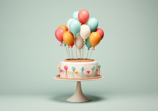 Colorful birthday cake. Rainbow cake with pastel colored balloons. Fantasy birthday. Celebration. Smash the cake photoshoot. AI Generative.