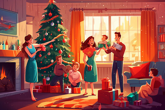 illustration of a family celebrating Christmas together with Christmas tree in the living room 